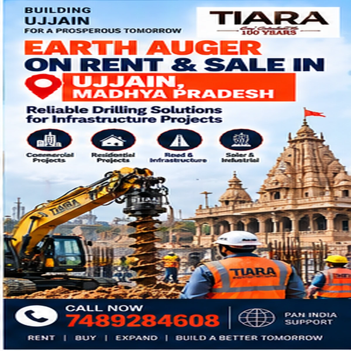 Excavator-mounted earth auger for rent and sale in Ujjain, Madhya Pradesh by Tiara Infrastructure Ltd