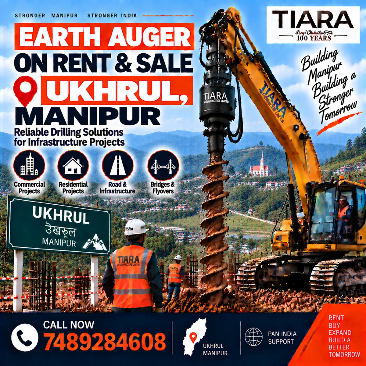 Excavator-mounted earth auger for rent and sale in Ukhrul, Manipur by Tiara Infrastructure Ltd