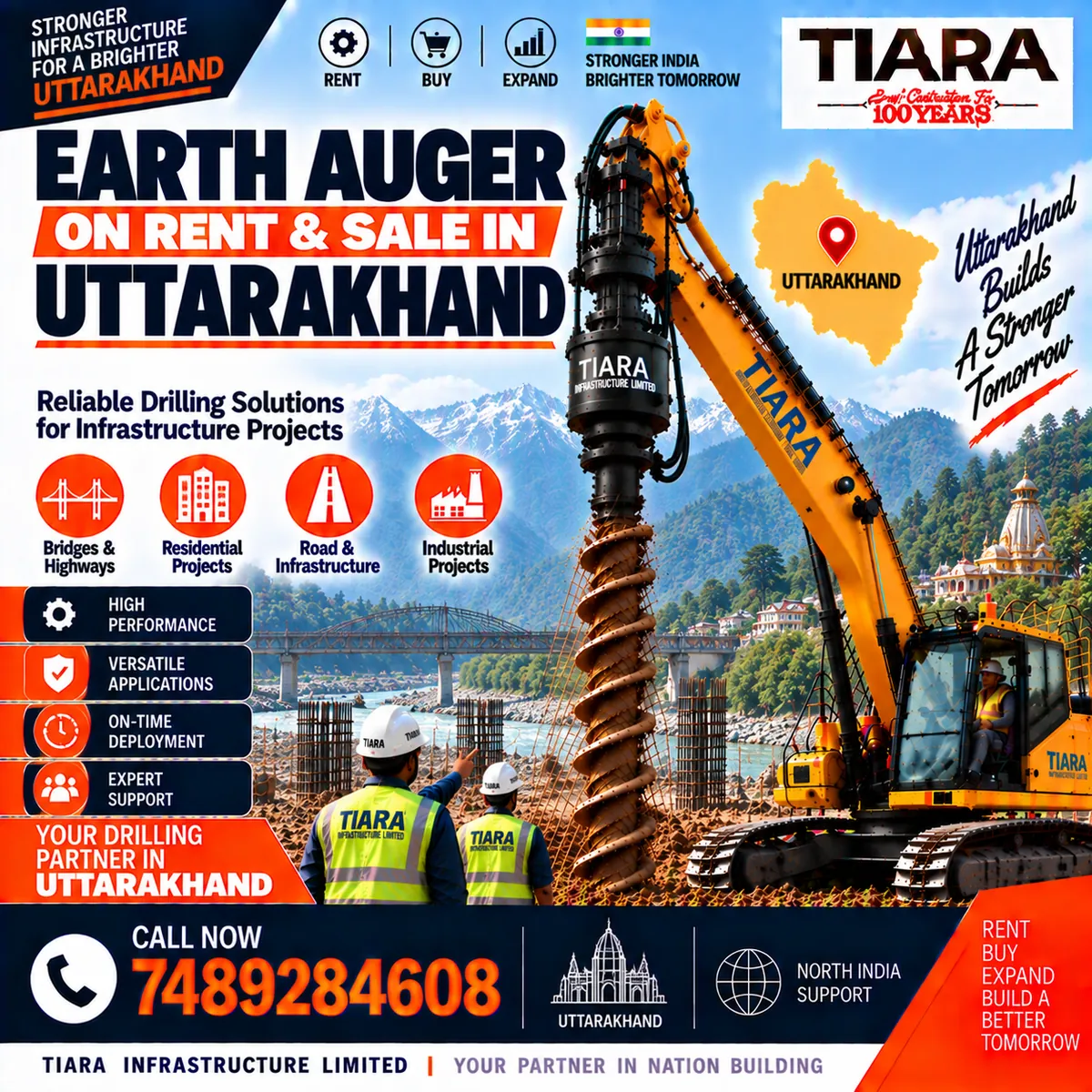 Excavator-mounted earth auger for rent and sale in Uttarakhand by Tiara Infrastructure Ltd