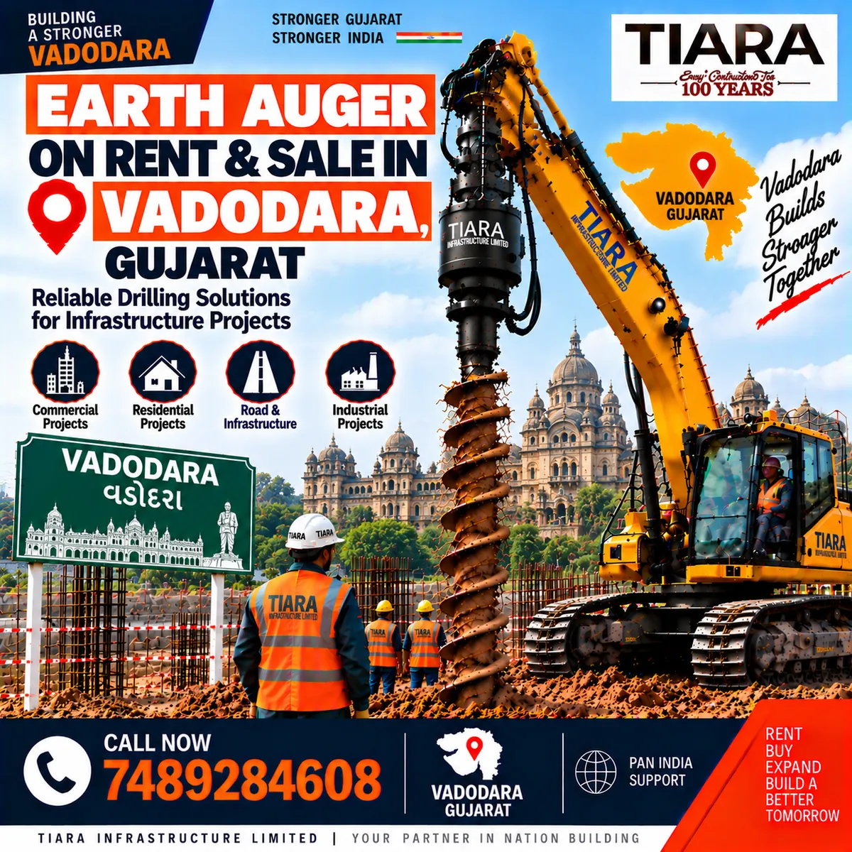 Excavator-mounted earth auger for rent and sale in Vadodara, Gujarat by Tiara Infrastructure Ltd