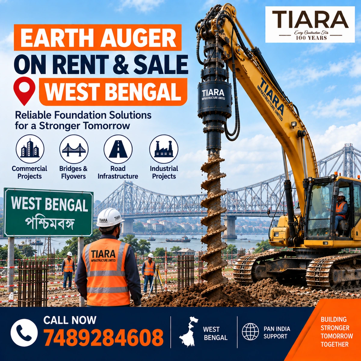 Excavator-mounted earth auger for rent and sale in West Bengal by Tiara Infrastructure Ltd
