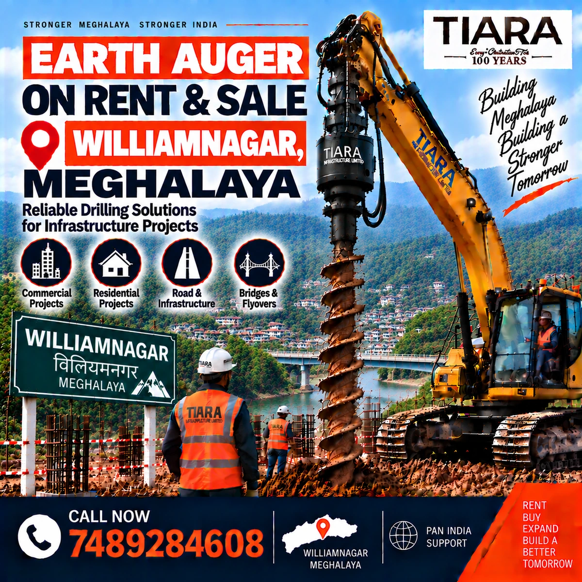 Excavator-mounted earth auger for rent and sale in Williamnagar, Meghalaya by Tiara Infrastructure Ltd