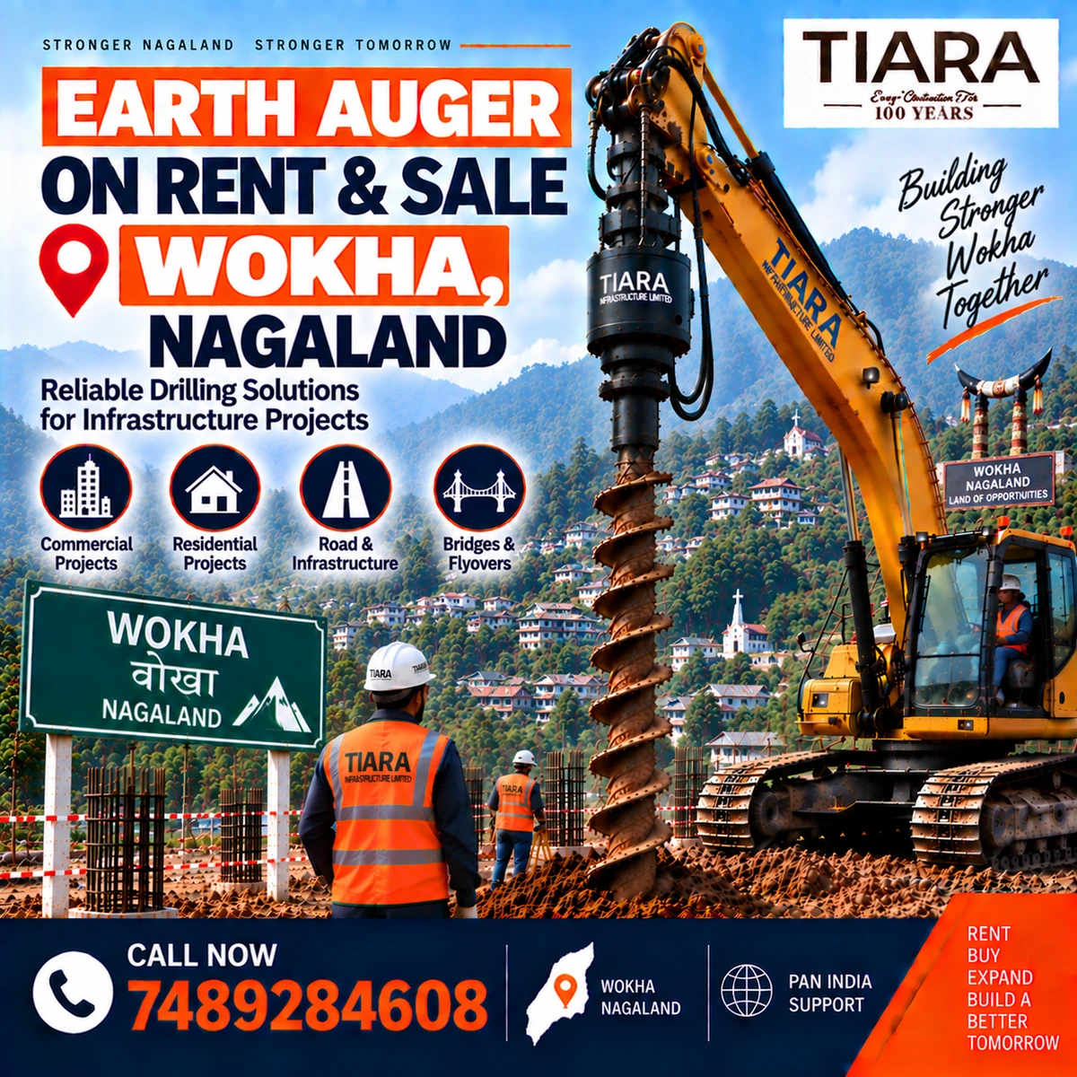 Excavator-mounted earth auger for rent and sale in Wokha, Nagaland by Tiara Infrastructure Ltd