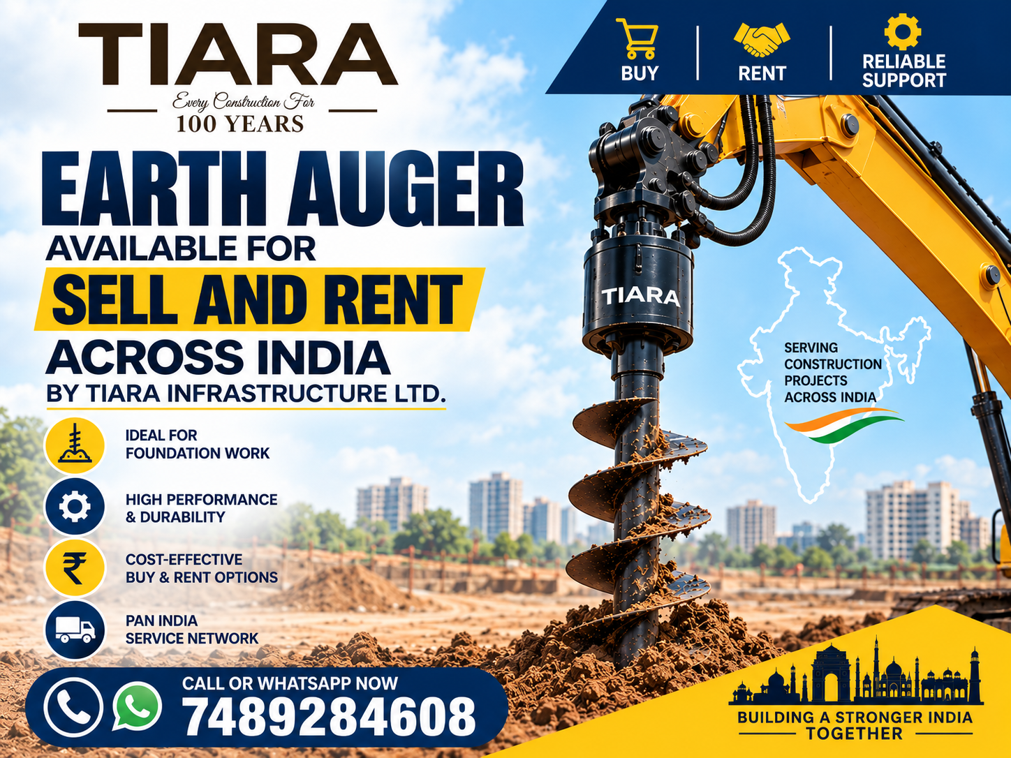 Earth Auger available for rent and sale across India from Tiara Infrastructure Ltd