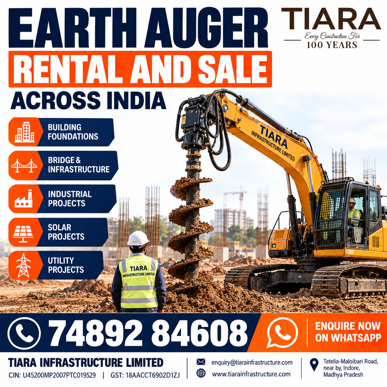 Earth auger available for rent and sale across India from Tiara Infrastructure Ltd