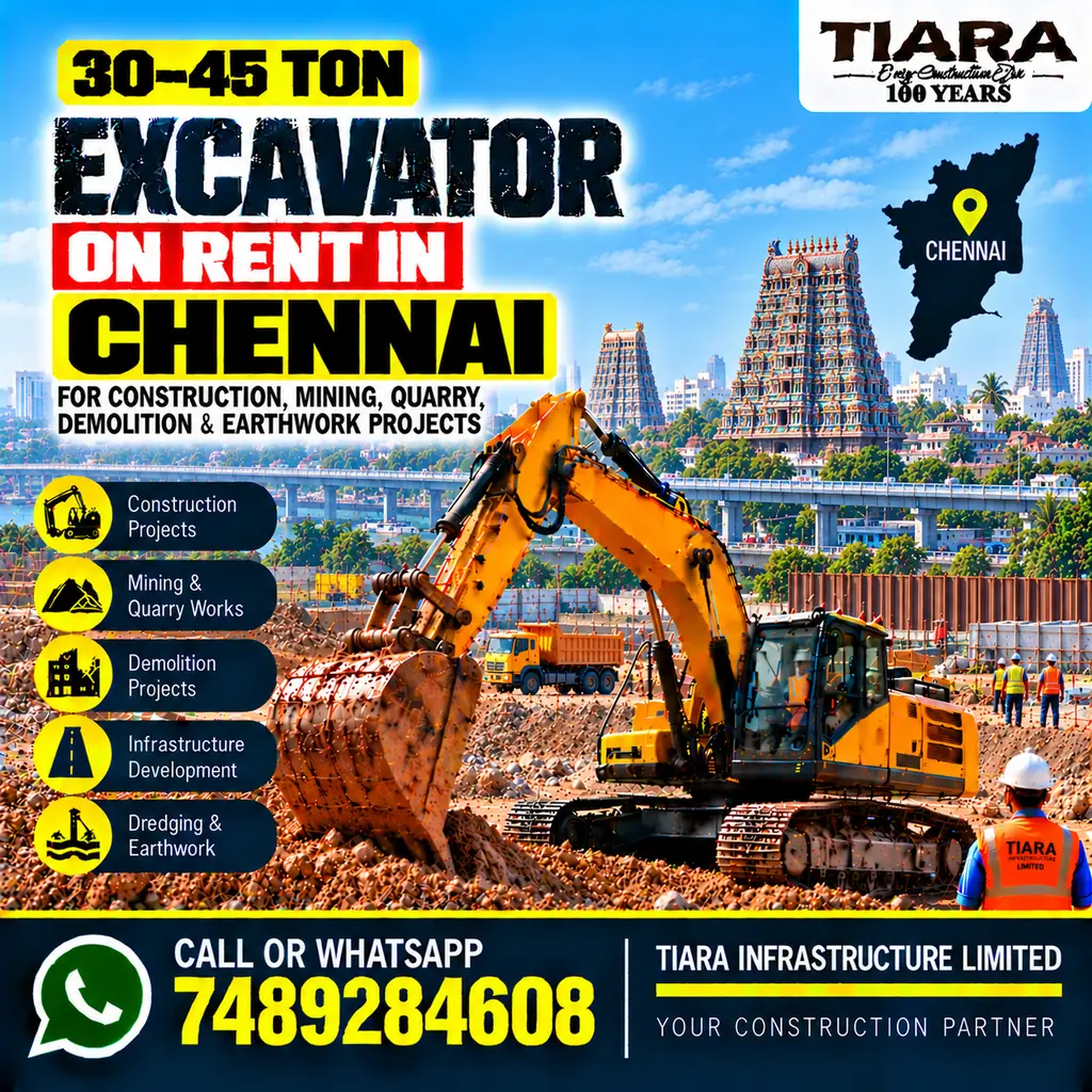 Excavator on Rent in Chennai — heavy excavator rental with bucket, breaker or long boom