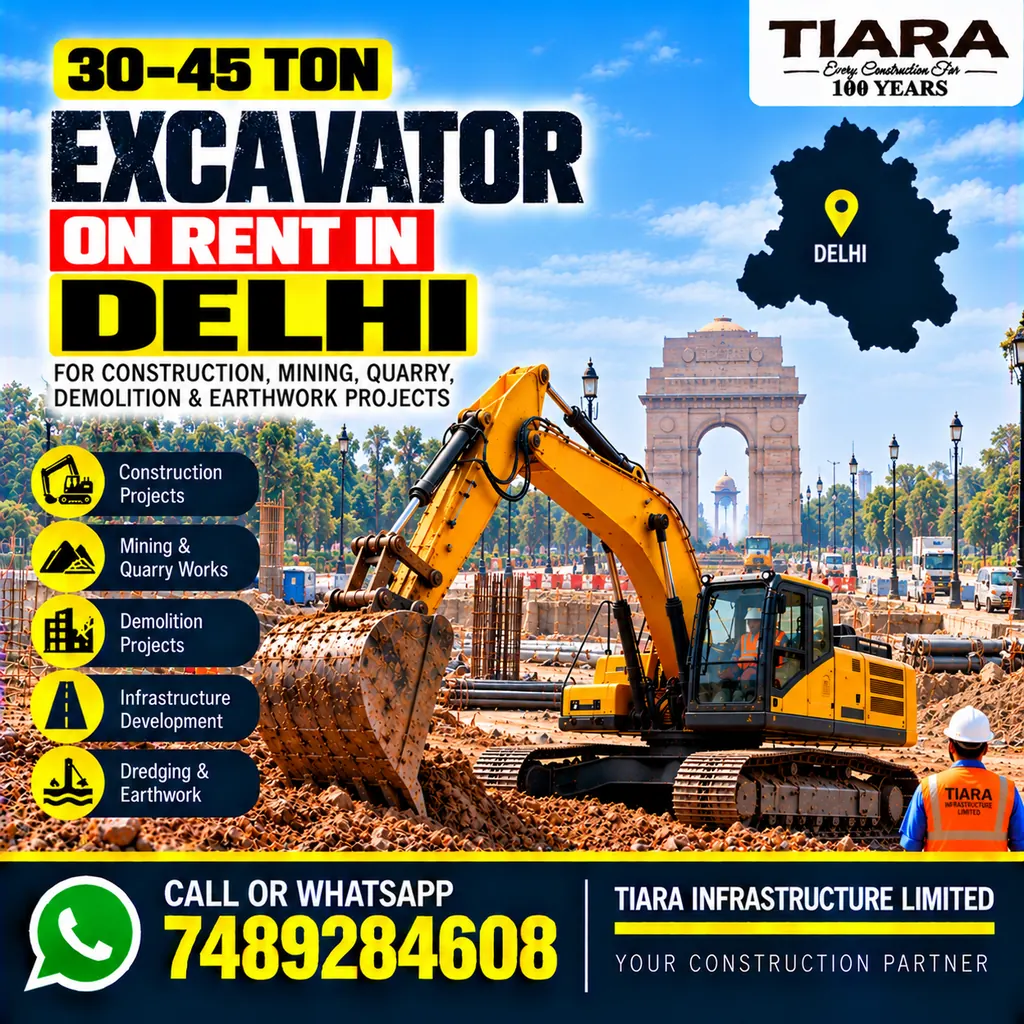 Excavator on Rent in Delhi — heavy excavator rental with bucket, breaker or long boom
