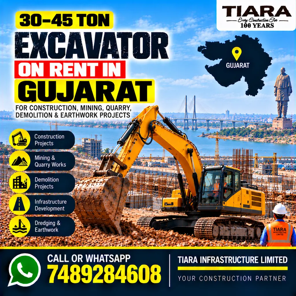 Excavator on Rent in Gujarat — heavy excavator rental with bucket, breaker or long boom
