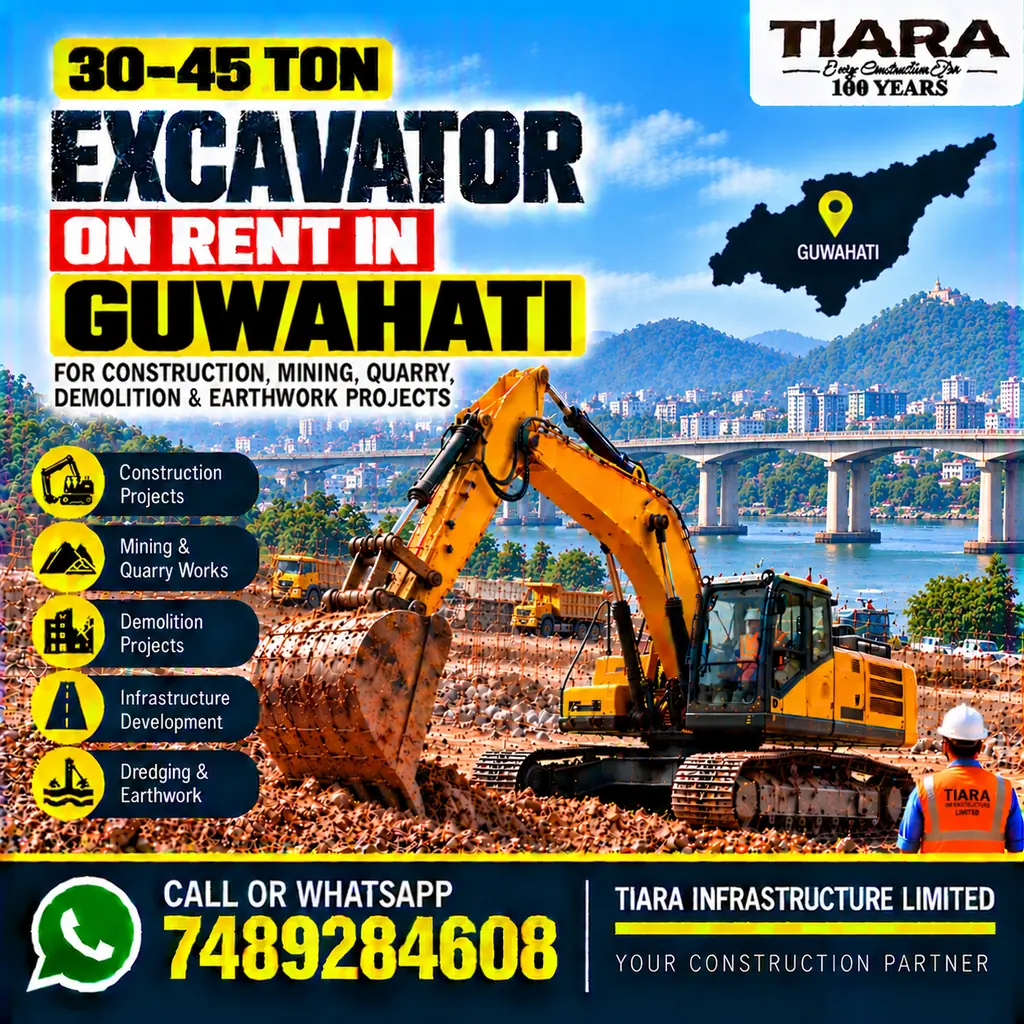 Excavator on Rent in Guwahati — heavy excavator rental with bucket, breaker or long boom