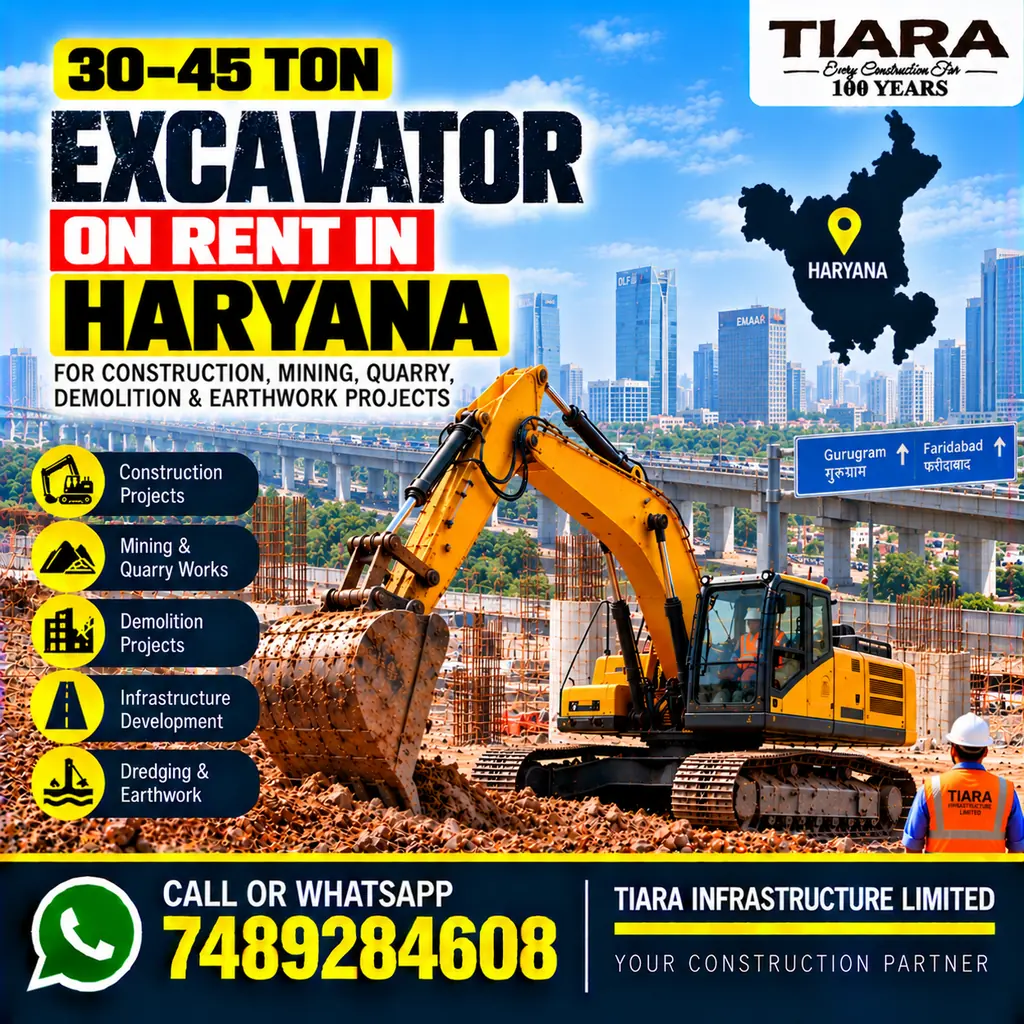 Excavator on Rent in Haryana — heavy excavator rental with bucket, breaker or long boom