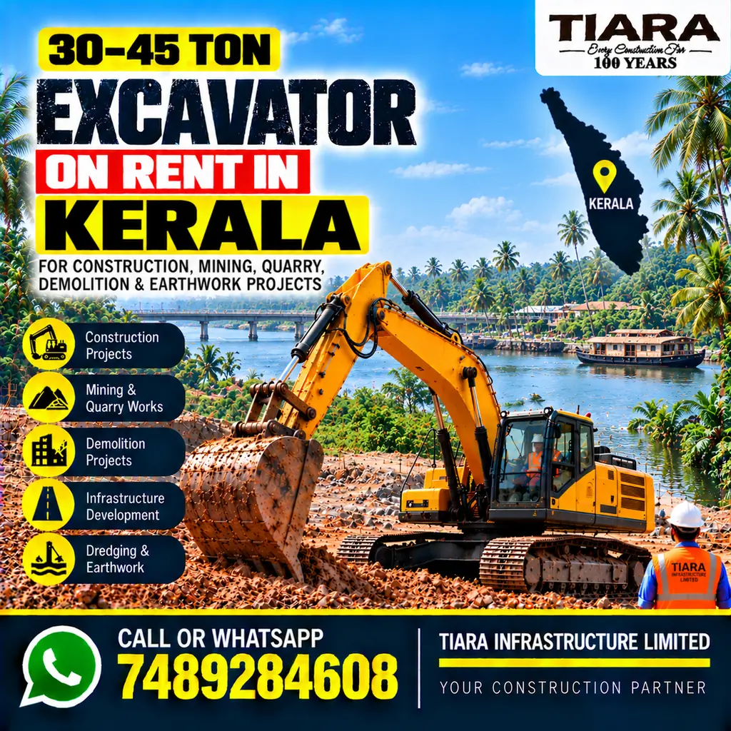 Excavator on Rent in Kerala — heavy excavator rental with bucket, breaker or long boom