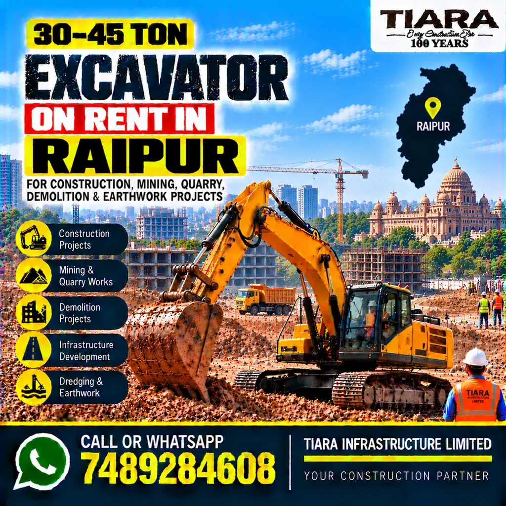Excavator on Rent in Raipur — heavy excavator rental with bucket, breaker or long boom