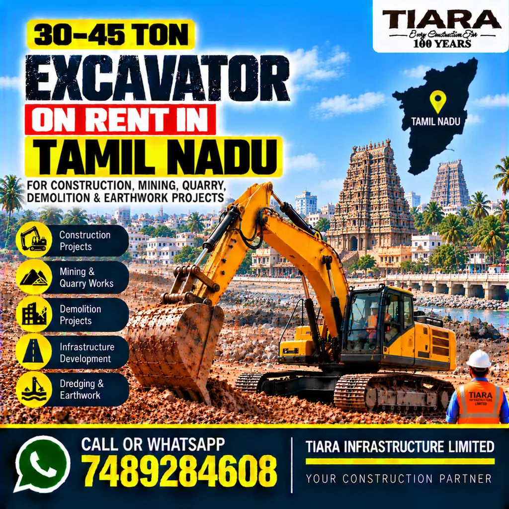 Excavator on Rent in Tamil Nadu — heavy excavator rental with bucket, breaker or long boom