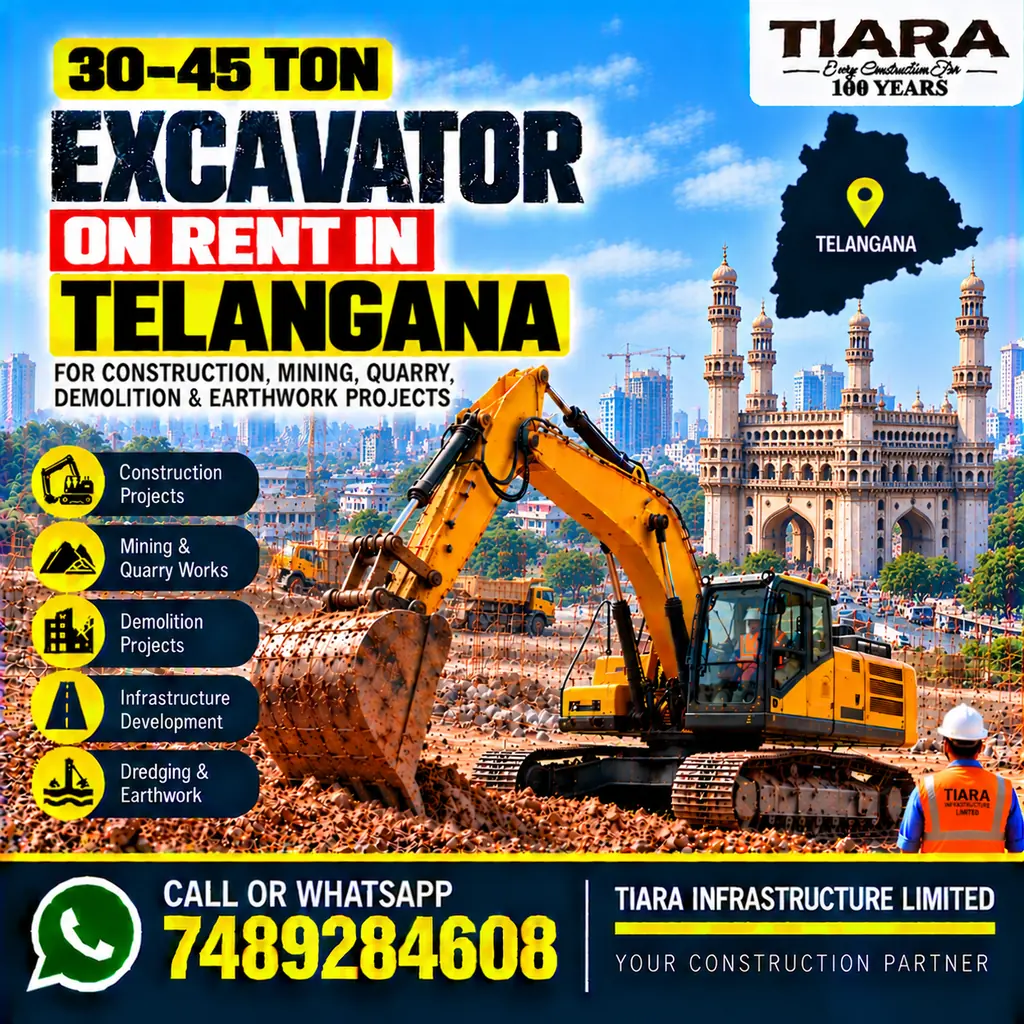 Excavator on Rent in Telangana — heavy excavator rental with bucket, breaker or long boom