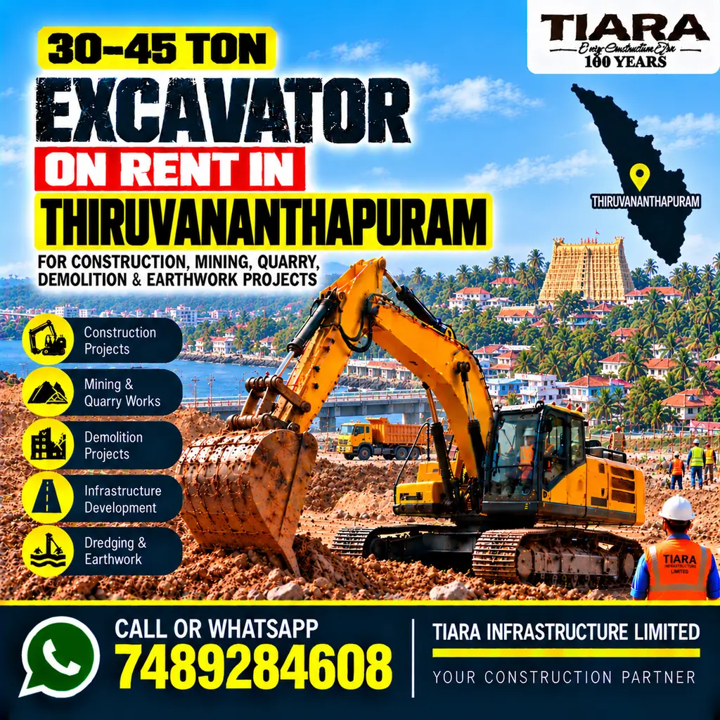 Excavator on Rent in Thiruvananthapuram — heavy excavator rental with bucket, breaker or long boom
