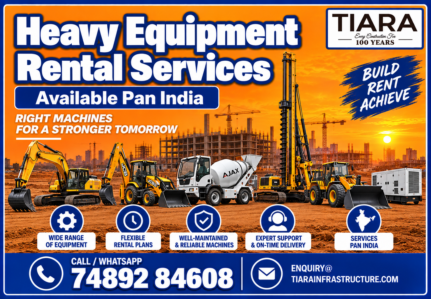 Heavy construction equipment rental services across India by Tiara Infrastructure