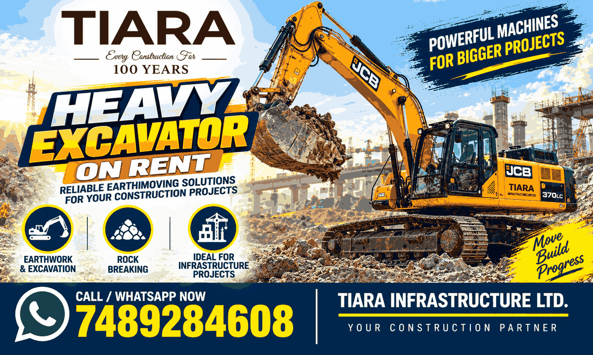 Heavy excavator rental in India with long reach and rock breaker options