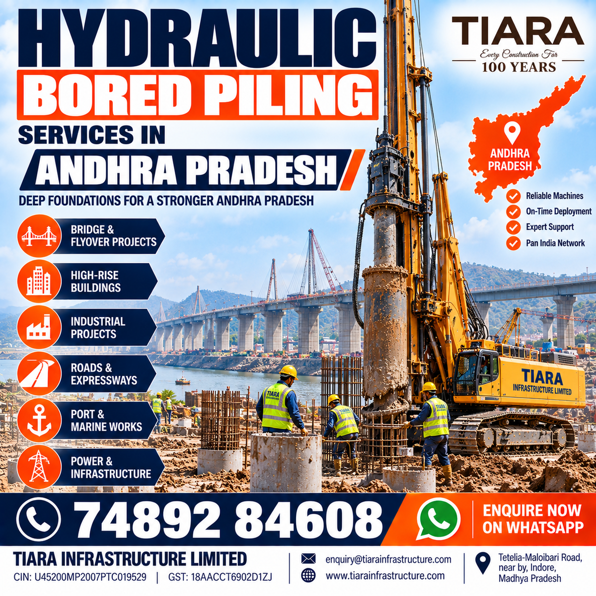 Hydraulic rotary piling rig executing deep foundation bored piling work in Andhra Pradesh