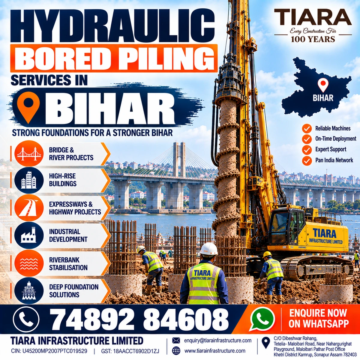 Hydraulic bored piling services for deep foundation projects in Bihar