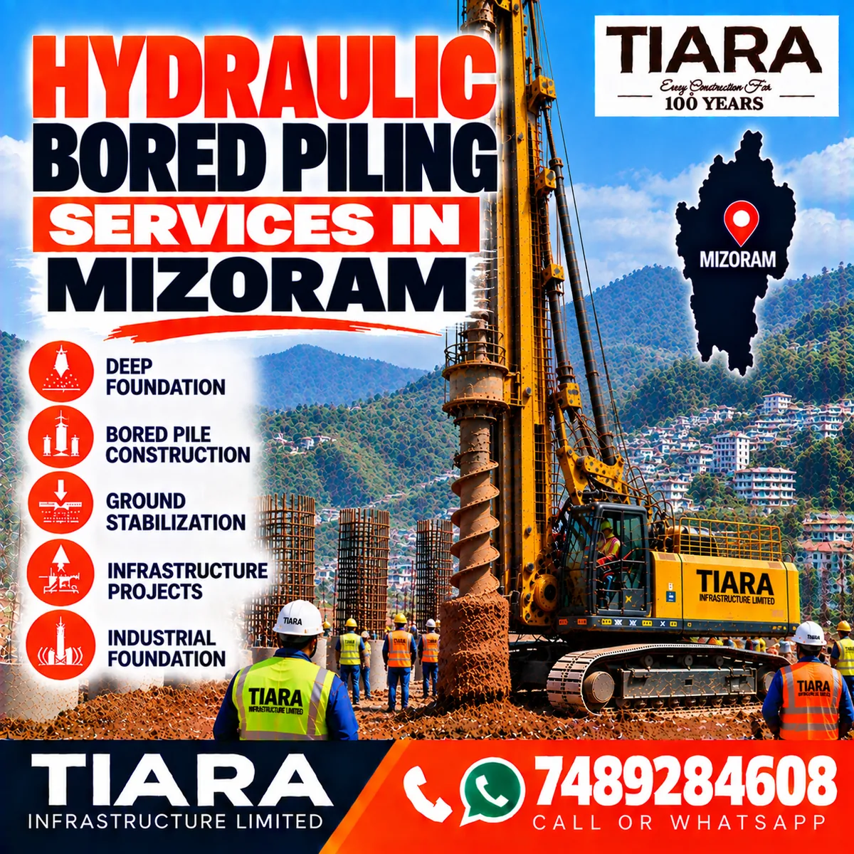 Hydraulic bored piling services in Mizoram by Tiara Infrastructure