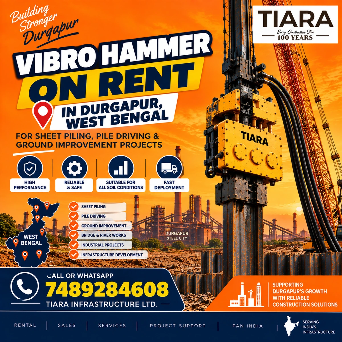 Vibro Hammer on rent in Durgapur for industrial sheet pile driving and extraction