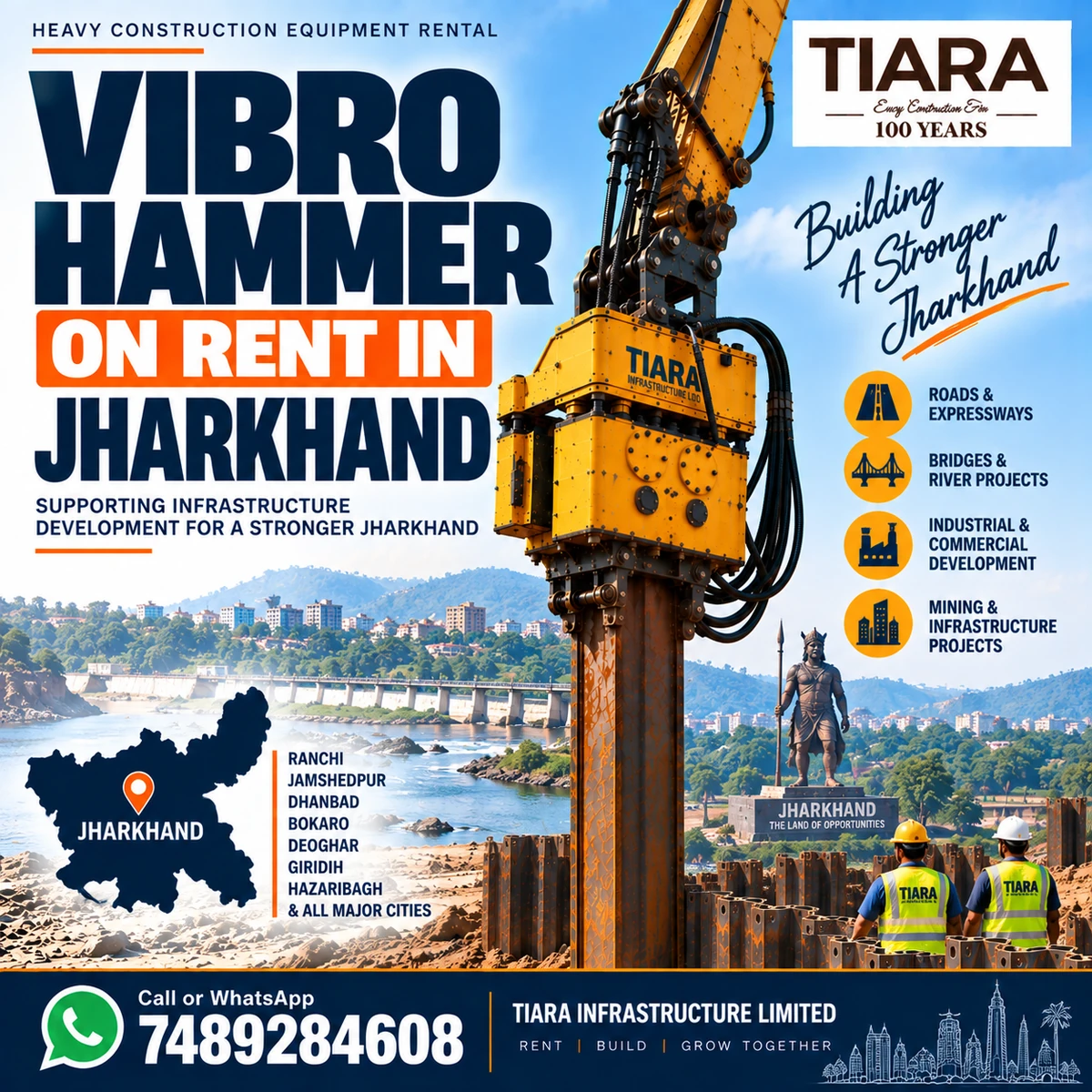 Excavator-mounted vibro hammer for sheet-pile projects across Jharkhand