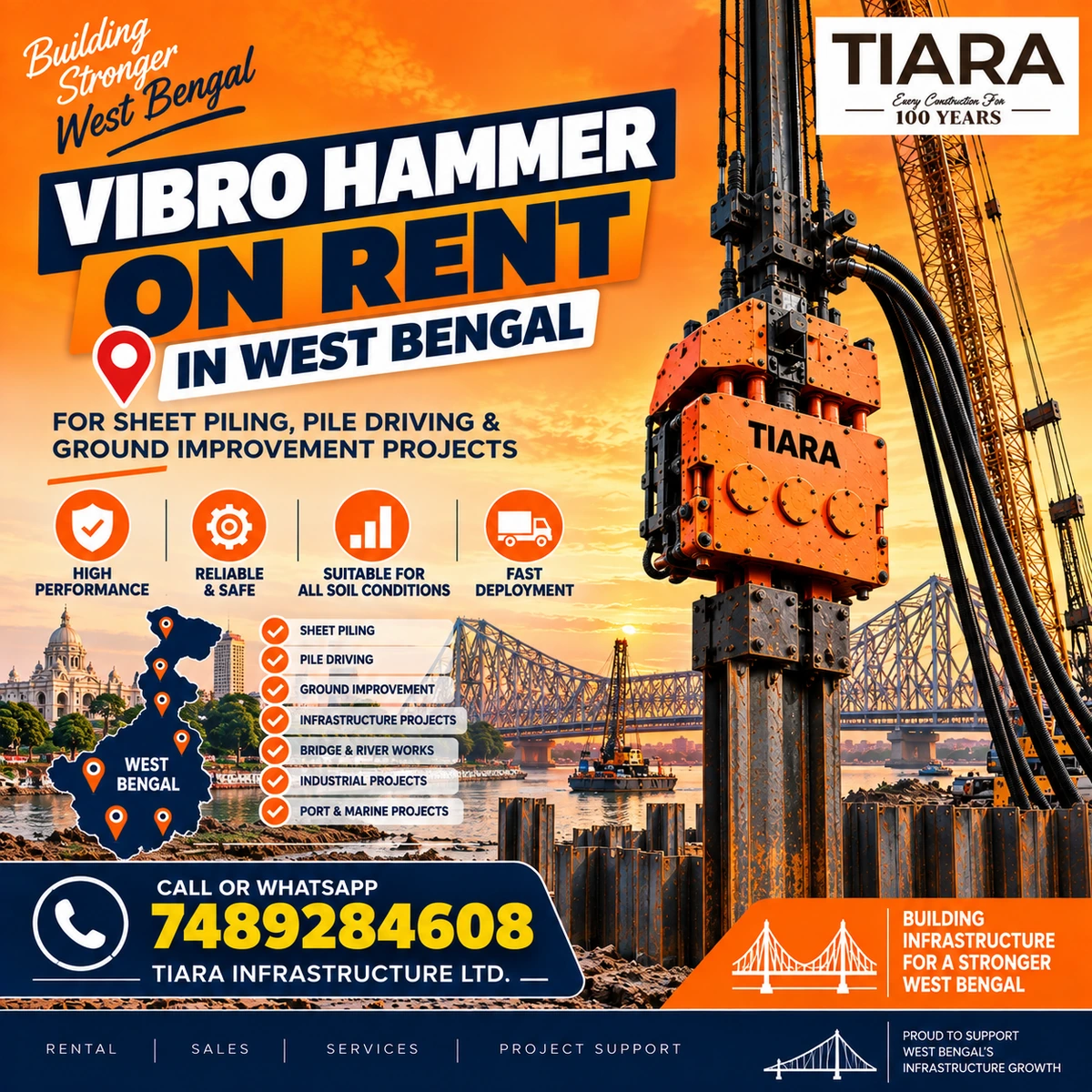 Vibro Hammer on rent in West Bengal for sheet pile driving and extraction