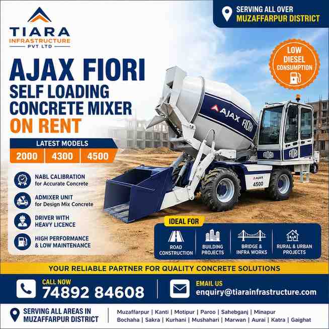 Ajax Fiori Self Loading Concrete Mixer for Rent in Muzaffarpur – 2000 | 4300 | 4500 Models | Call 74892 84608
